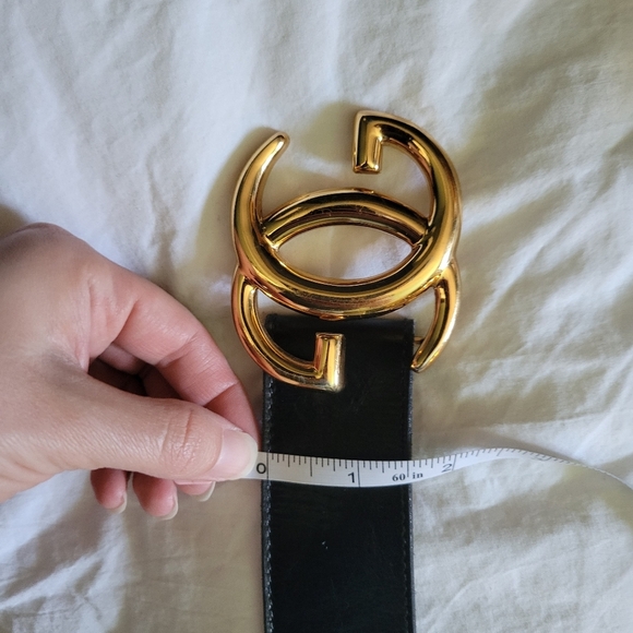 Vintage Gucci Logo Wide Black Leather Belt Gold GG Size 70 - Picture 13 of 13
